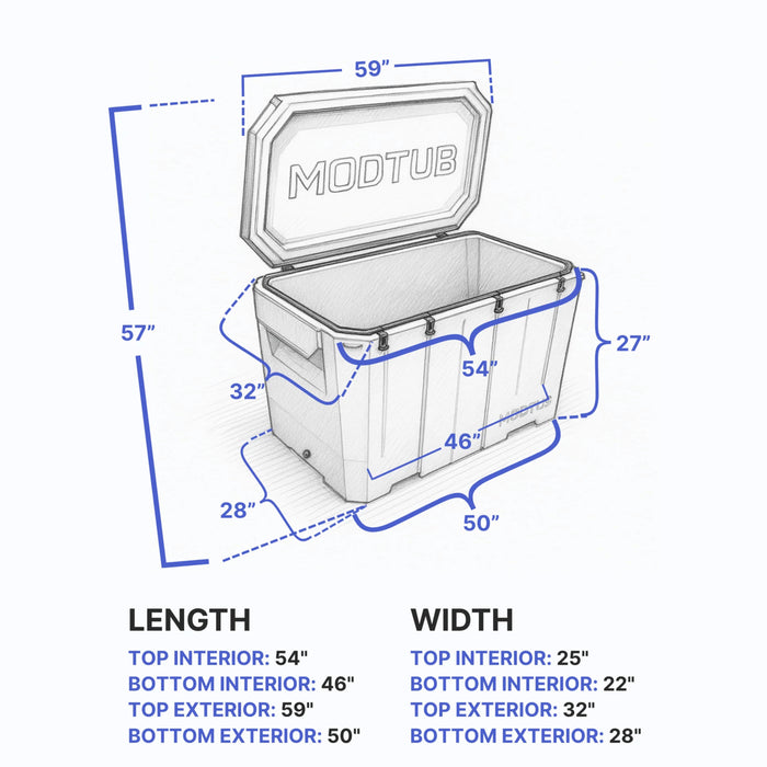 Dimensions of Modtub cold plunge showing height, depth, and overall tub measurements