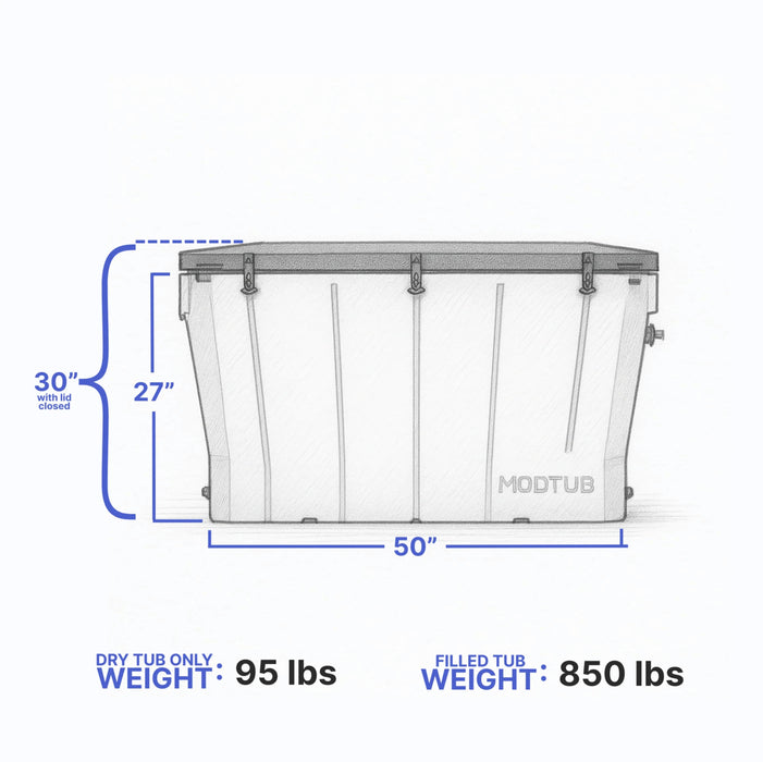 Front view of Modtub cold plunge showing height and length measurements