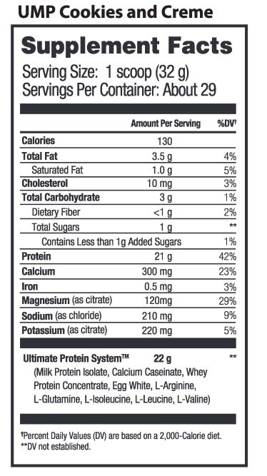 UMP Protein Cookies & Creme Nutrition Info
